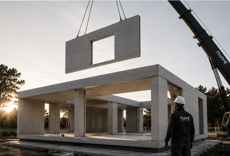 Montaje de un panel prefabricado de hormigón con grúa